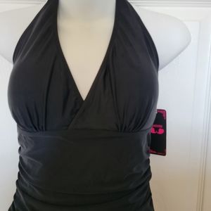 Shekini black halter ruched swimdress